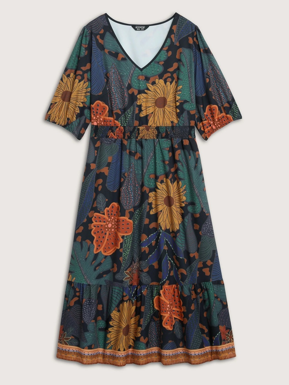 Bloomchic Floral V-Neck Tiered Midi Dress - Dark Green / Mustard Sz 3x (22-24)